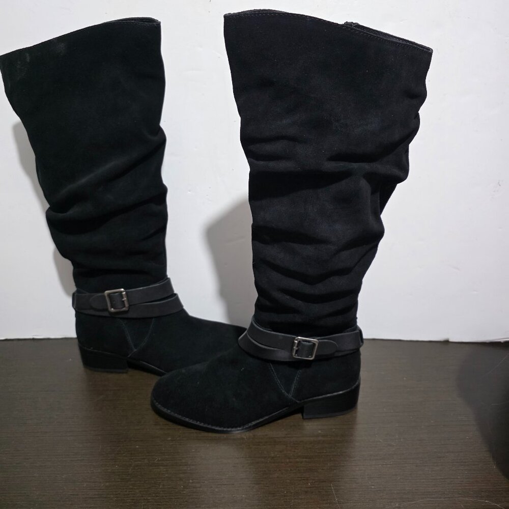 Elizabeth 25695 Black Leather SuedeHigh Riding Boots Zip Buckle US 8M EUR 40